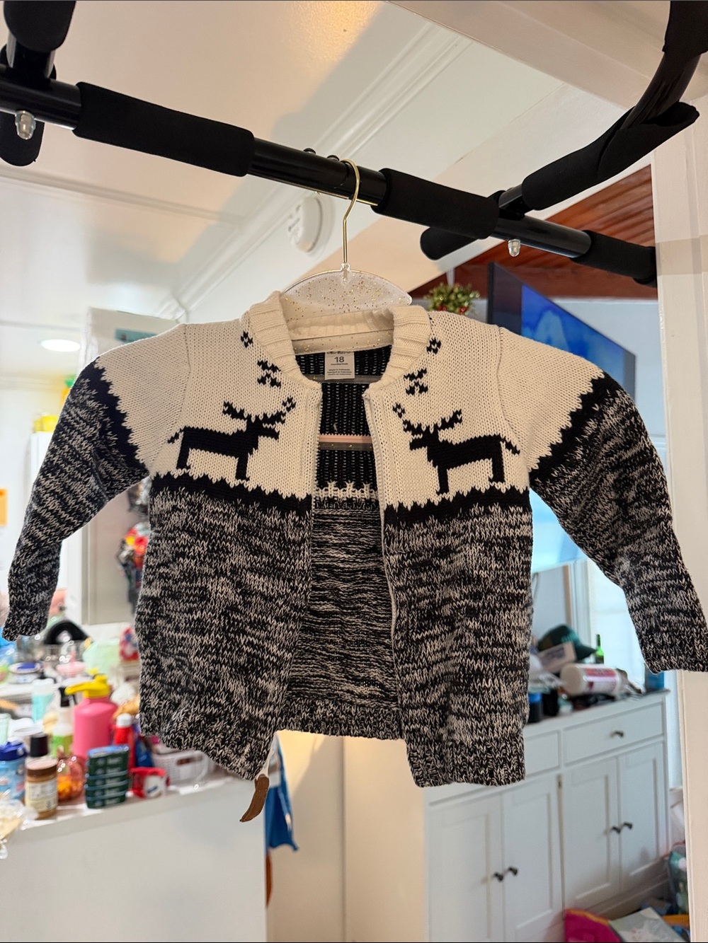Carter's Cream and Black Reindeer Knit Cardigan Sweater